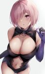  1girl bare_shoulders blush breasts cleavage collarbone eyebrows_visible_through_hair eyewear_removed fate/grand_order fate_(series) glasses gloves hair_over_one_eye highres holding holding_eyewear kisaki_oni large_breasts leotard looking_at_viewer mash_kyrielight navel pink_hair purple_eyes purple_gloves revision simple_background skindentation solo thigh_gap white_background 