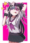  1girl :p absurdres black_hair commentary_request danganronpa_(series) danganronpa_2:_goodbye_despair ear_piercing face_piercing hair_horns hands_up highres jewelry long_hair mioda_ibuki mouth_piercing multicolored_hair open_mouth piercing pink_background pink_eyes pink_hair pink_streaks sailor_collar school_uniform serafuku shirt short_sleeves skirt smile solo streaked_hair tongue tongue_out umi_kani_uni v white_background white_hair white_streaks 