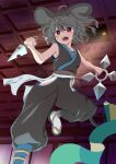  1girl absurdres alternate_costume animal_ears bishamonten's_pagoda black_pants clothing_cutout commentary_request commission dowsing_rod grey_hair guminemi highres hip_vent holding holding_kunai holding_weapon kunai medium_hair mouse_ears mouse_girl nazrin ninja open_mouth pants red_eyes sandals scroll smile socks solo teeth touhou upper_teeth_only weapon white_socks 