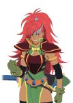  armlet armor belt brown_armor brown_eyes clenched_hands clenched_teeth collar dark-skinned_female dark_skin earrings game_cg gloves headband hoop_earrings jewelry leg_wrap lipstick long_hair makeup mary_argent official_art ponytail red_hair red_lips scabbard sheath tales_of_(series) tales_of_asteria tales_of_destiny teeth transparent_background unsheathed weapon 