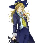  1girl absurdres aihara-rina alternate_costume alternate_headwear blonde_hair blue_coat blue_hat blue_pants bow braid chinese_commentary coat collared_shirt commentary_request hair_bow hat highres kirisame_marisa long_hair neckerchief open_clothes open_coat pants red_bow shirt side_braid simple_background single_braid solo touhou white_background white_shirt yellow_eyes yellow_neckerchief 