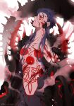  1boy bare_pectorals blood blood_in_mouth blood_on_face blue_hair bodypaint chest_tattoo cu_chulainn_(fate)_(all) cu_chulainn_alter_(fate/grand_order) curruid_coinchenn dark_blue_hair fate/grand_order fate_(series) hair_strand injury long_hair male_focus namahamu_(hmhm_81) pectorals red_eyes smoke solo spikes tattoo 