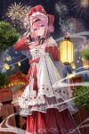  1girl absurdres aerial_fireworks al_guang apron black_hairband blush bonnet character_request commentary copyright_request dress fingernails fireworks hair_between_eyes hair_bun hairband hand_in_own_hair hand_up hands_up heart heart_in_eye highres holding holding_lantern lantern looking_at_viewer night outdoors paper_lantern parted_lips pink_hair purple_eyes red_bonnet red_dress solo symbol_in_eye white_apron 