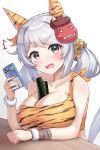  1girl ^^^ animal_ears animal_print bandeau bare_shoulders between_breasts blush breasts brown_eyes cellphone cleavage collarbone commentary_request ear_covers eating food grey_hair hair_ornament hair_scrunchie highres hishi_miracle_(umamusume) holding holding_phone horse_ears horse_girl horse_tail large_breasts long_hair looking_at_viewer makizushi mask mask_on_head oni oni_mask open_mouth phone saliva saliva_trail scrunchie shinonome_(shinonome_rynn) solo sushi tail tiger_print twintails umamusume 