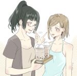  2girls afterimage bangs bare_arms bare_shoulders black_eyes blue_camisole breasts brown_cardigan brown_hair bubble_tea camisole cardigan cleavage collarbone drink earrings eyebrows_visible_through_hair glasses green_hair grey_shirt halterneck holding holding_drink jewelry jin_amber jujutsu_kaisen kugisaki_nobara looking_at_another motion_lines multiple_girls open_cardigan open_clothes open_mouth pointing pointing_at_another pointing_at_self polka_dot polka_dot_background ponytail semi-rimless_eyewear shirt short_hair short_sleeves smile swept_bangs twitter_username under-rim_eyewear upper_body white_background zen&#039;in_maki 