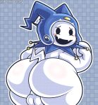 2026 abstract_background aceekdarzty anthro artist_name atlus awkward_smile backsack balls big_butt biped blush blushing_at_viewer bubble_butt butt clothing cute_fangs demon fangs fool's_hat genitals hat headgear headwear hi_res humanoid imp jack_frost_(megami_tensei) looking_at_viewer looking_back male megami_tensei presenting presenting_hindquarters rear_view sega solo tail teeth text white_body