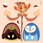  beak chimchar closed_eyes gen_4_pokemon highres leaf lorenzocolangeli meditation piplup poke_ball pokemon pokemon_(creature) shell signature simple_background sitting stick turtwig 