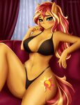  absurd_res anthro anthrofied ashimaroo bikini blush clothing equestria_girls equid equine female hair hasbro hi_res horn mammal my_little_pony orange_body red_hair solo sunset_shimmer_(eg) swimwear thong underwear unicorn 