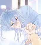  1boy 1other alternate_costume antenna_hair bedroom blue_eyes blue_hair blue_pajamas blurry blurry_background blush day edmond_(nu_carnival) hair_down head_on_pillow highres holding holding_hands holding_pillow indoors lamp long_hair long_sleeves looking_at_viewer lying male_focus messy_hair nu_carnival on_side out_of_frame pajamas parted_lips pillow pov pov_hands solo_focus sweater upturned_eyes window yellow_sweater your_yanjiu 