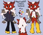 2021 3_claws 4_arms anthro barefoot black_bottomwear black_clothing black_pants black_text blaziken blue_background bottomwear character_name chest_tuft claws clothed clothed_anthro clothed_male clothing color_swatch crotch_tuft digital_drawing_(artwork) digital_media_(artwork) english_text feet front_and_back fully_clothed fully_clothed_anthro fully_clothed_male generation_3_pokemon hair male model_sheet moonjump multi_arm multi_limb necktie nintendo nude_anthro nude_male pants pokemon pokemon_(species) pronouns red_body red_necktie simple_background solo suit text tuft unknown_artist white_hair