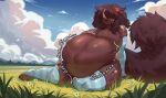 2024 abdominal_bulge anthro anthro_pred arm_support armwear bangs bear belly big_belly big_breasts big_tail blue_armwear blue_clothing blue_legwear blue_stockings breasts brown_body brown_claws brown_fur brown_hair brown_markings brown_tail claws clothing cloud cloudy_sky colored day digital_drawing_(artwork) digital_media_(artwork) english_text female female_anthro female_pred fluffy fluffy_tail fur grass hair hi_res huge_belly huge_breasts kysokofwater legwear mammal markings medium_hair motion_lines on_ground pattern_armwear pattern_clothing pattern_legwear pattern_stockings plant rumbling_stomach shaded sitting sky sloshing_belly smile solo star_(marking) stockings striped_armwear striped_clothing striped_legwear striped_stockings stripes tail text thick_thighs vore