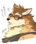  anthro barrel_(live-a-hero) blush bust_portrait canid canine canis clothing embarrassed eyewear fur fuyoudo624 glasses hi_res japanese_text live-a-hero male mammal multicolored_body multicolored_fur portrait shirt solo tank_top text topwear wolf 