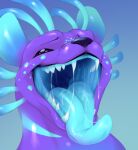 absurd_res ambiguous_gender antennae_(anatomy) anthro biped blue_body blue_flesh blue_markings bodily_fluids drooling glowing_insides hi_res markings mouth_shot open_mouth pinedx purple_body rain_world saliva sharp_teeth slugcat striped_markings stripes teeth videocult whiskers yoku_(gyrotech)