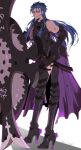  1boy armor armored_dress bare_shoulders black_dress black_legwear blue_hair cu_chulainn_(caster)_(fate) cu_chulainn_(fate)_(all) dress earrings fate/grand_order fate_(series) greaves high_heels highres jewelry long_hair male_focus mash_kyrielight namahamu_(hmhm_81) ortenaus red_eyes shield solo 