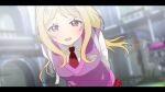  1girl :d akamatsu_kaede blonde_hair blurry blurry_background blush breasts closed_eyes collared_shirt commentary_request danganronpa_(series) danganronpa_v3:_killing_harmony derivative_work facing_viewer hair_ornament happy_mille-feuille_(idolmaster) highres idolmaster large_breasts long_hair misa_(usaginosakura) musical_note musical_note_hair_ornament musical_note_print necktie open_mouth outdoors parody pink_eyes pink_sweater_vest pleated_skirt red_necktie red_skirt shirt skirt smile solo sweater_vest translation_request white_shirt 
