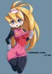  1girl black_bodystocking black_pantyhose blonde_hair blue_eyes blush breasts ciel_(mega_man) commentary_request covered_nipples dress english_text gloves hair_between_eyes hat high_ponytail long_hair looking_at_viewer mega_man_(series) mega_man_zero_(series) open_mouth pantyhose ponytail semikichi simple_background skin_tight skirt smile solo tight_clothes tight_dress white_gloves 