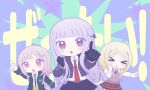  >_< 3girls :o ahoge akamatsu_kaede black_gloves black_ribbon black_thighhighs blonde_hair blush boots braid brown_skirt chibi collared_shirt commentary_request d: danganronpa:_trigger_happy_havoc danganronpa_(series) danganronpa_2:_goodbye_despair danganronpa_v3:_killing_harmony derivative_work dress_shirt food gloves hair_ribbon hand_up happy_mille-feuille_(idolmaster) highres holding holding_food hood hood_down idolmaster jacket kirigiri_kyoko long_hair long_sleeves looking_at_viewer medium_hair misa_(usaginosakura) multiple_girls musical_note musical_note_print nanami_chiaki necktie open_clothes open_jacket parody pink_eyes pink_shoes pleated_skirt pointing purple_jacket purple_skirt red_background red_necktie red_skirt ribbon shirt shoes skirt sweat thighhighs triangle_mouth two-tone_shirt white_shirt 