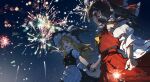  2girls absurdres aerial_fireworks aihara-rina apron artist_name ascot black_gloves blonde_hair bow braid brown_hair commentary dated detached_sleeves fingerless_gloves fireworks frilled_bow frilled_hair_tubes frills gloves hair_bow hair_tubes hakurei_reimu hat hat_bow highres holding holding_fireworks holding_hands kirisame_marisa long_hair multiple_girls night open_mouth outdoors pointing red_bow red_skirt ribbon-trimmed_sleeves ribbon_trim side_braid single_braid skirt skirt_set sky smile sparkler touhou waist_apron white_bow witch_hat yellow_ascot yellow_eyes 