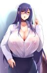  1girl bangs black_skirt blue_hair blush breasts brown_eyes choker cleavage collarbone collared_shirt covered_nipples dress_shirt glasses goban highres huge_breasts long_hair long_sleeves looking_at_viewer original pencil_skirt pointer shirt skirt white_shirt 