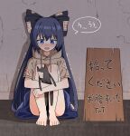  1girl absurdres barefoot blue_bow blue_eyes blue_hair blue_skirt blush bow brown_hoodie commentary ddok english_commentary hair_bow highres hood hoodie hugging_own_legs long_hair open_mouth short_sleeves sitting skirt solo speech_bubble stuffed_animal stuffed_cat stuffed_toy tearing_up toes touhou translation_request very_long_hair yorigami_shion 