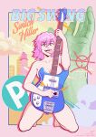  1girl barefoot breasts building cloud feet flcl guitar haruhara_haruko highres instrument multicolored multicolored_background music newgrounds_sample nude pink_hair pixelpulp playing_instrument short_hair tongue tongue_out tower yellow_eyes 