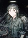  1girl black_eyes black_hair black_jacket black_shirt black_wings commentary_request feathered_wings haibane_renmei halo highres jacket kuthi0510 long_hair on_railroad_tracks railroad_tracks reki_(haibane_renmei) shirt sleeves_rolled_up solo spoilers traditional_halo wings 