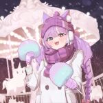  1girl absurdres aerial_fireworks animal_ear_fluff animal_ears beanie blue_eyes blush bonfe94 bow braid candy cat_ears coat commentary cotton_candy earmuffs fang fangs fireworks food fox_girl gloves hair_bow hair_ornament hairclip hat heart heart-shaped_pupils heterochromia highres holding holding_candy holding_food korean_commentary long_hair long_sleeves looking_at_viewer low_twin_braids mixed-language_commentary multicolored_hair night open_mouth outdoors pink_gloves pink_scarf purple_gloves purple_hair purple_scarf red_eyes scarf smile snow snowing solo stellive sweater symbol-shaped_pupils tenko_shibuki twin_braids twintails upper_body virtual_youtuber white_coat winter winter_clothes winter_coat 