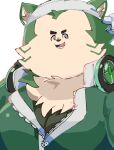  agemono anthro bandanna canid canine canis clothing domestic_dog eyebrows fur green_body green_fur headphones_around_neck humor kerchief live-a-hero male mammal mokdai shirt solo thick_eyebrows tiny_face topwear undershirt 