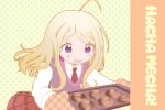  1girl ahoge akamatsu_kaede blonde_hair blush commentary_request d: danganronpa_(series) danganronpa_v3:_killing_harmony derivative_work donut food hair_ornament happy_mille-feuille_(idolmaster) highres holding idolmaster long_hair misa_(usaginosakura) musical_note musical_note_hair_ornament musical_note_print parody pink_eyes pink_sweater_vest pleated_skirt red_skirt shirt skirt solo sweater_vest white_shirt 