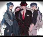  4boys blue_hair bodypaint bowler_hat cu_chulainn_(caster)_(fate) cu_chulainn_(fate)_(all) cu_chulainn_(fate/stay_night) cu_chulainn_alter_(fate/grand_order) dark_blue_hair earrings facepaint fate/grand_order fate_(series) formal hands_in_pockets hat heroic_spirit_formal_dress highres jewelry long_hair mini_cu-chan_(fate) multiple_boys multiple_persona namahamu_(hmhm_81) necktie one_eye_closed ponytail red_eyes suit tail vest waistcoat 