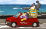  2021 anthro belly big_belly black_body bottomwear brown_body brown_fur canid canine canis car cetacean clothing cute_fangs delphinoid domestic_dog eyes_closed felid fur group hi_res inside_car kemono male mammal marine musclegut obese obese_anthro oceanic_dolphin orca outside overweight overweight_anthro overweight_male pantherine raichoclub shirt shorts sitting tiger toothed_whale topwear vehicle white_body yellow_body 