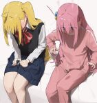  2girls ahoge black_vest blonde_hair blue_hair blue_skirt blush bocchi_the_rock! bow bowtie collared_shirt commentary cube_hair_ornament embarrassed feet_out_of_frame gotoh_hitori hair_ornament hand_up head_down highres ijichi_nijika jacket long_hair long_sleeves medium_skirt multiple_girls pants pink_hair pink_jacket pink_pants pleated_skirt polka_dot polka_dot_bow polka_dot_bowtie saliva saliva_trail seisyuntarotto shirt side_ponytail sidelocks sitting skirt skirt_hold track_jacket untranslatable_commentary vest white_shirt wide-eyed 