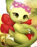  anthro claws domestic_cat elemental_creature featureless_feet felid feline felis female flora_fauna flower green_body green_eyes green_nose hannah_(hooki) hooki hybrid inner_ear_fluff looking_down mammal open_mouth plant red_flower red_tongue solo tongue tuft vines white_pupil 