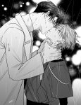  2boys alien_stage coat commentary_request ear_piercing earrings fujikura1234 greyscale highres ivan_(alien_stage) jewelry kiss layered_shirt male_focus monochrome multiple_boys piercing rain shirt short_hair strangling till_(alien_stage) turtleneck turtleneck_shirt very_short_hair yaoi 