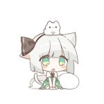  1girl animal_ears animal_on_head black_bow black_bowtie black_hairband blush bow bowtie cat cat_ears cat_girl cat_tail chibi chibi_only commentary commission green_eyes green_skirt green_vest grey_hair hairband highres hitodama kemonomimi_mode konpaku_youmu konpaku_youmu_(ghost) looking_at_viewer on_head open_mouth pixiv_commission pudding_(skymint_028) shirt simple_background sitting skirt skirt_set solo tail touhou vest white_background white_shirt 