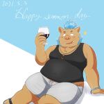  1:1 2021 anthro belly big_belly blue_hair bottomwear brown_body brown_fur clothing english_text fur gouryou hair hi_res humanoid_hands kemono male mammal overweight overweight_anthro overweight_male shirt shorts sitting solo suid suina sus_(pig) text tokyo_afterschool_summoners topwear video_games wild_boar yaki_atsuage 