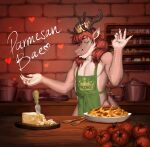 absurd_res anthro antlers apron apron_only athletic athletic_anthro athletic_male castle ceruleanfur_fur claws clothing cocky confident confident_male cooking cooking_pot crown dragon english_text fangs flirting flirting_with_viewer focused food fruit furniture gesture hair hand_gesture headgear heart_symbol hi_res horn humor kitchen kitchen_table kitchen_utensils long_hair looking_at_viewer male mane medieval medieval_clothing meme muscular muscular_anthro muscular_male mythological_creature mythological_scalie mythology parmesan pasta plant plate pointing_at_object prince prince_borgon royalty salt_bae scalie seasoning serious_face showoff solo teeth text tomato tools