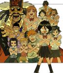  5girls 6+boys :d :o arisawa_tatsuki asano_keigo beard_stubble black_eyes black_hair black_skirt bleach blue_pants blush bow bowtie brown_eyes brown_hair closed_eyes closed_mouth collared_shirt commentary_request crossed_arms dark-skinned_male dark_skin diagonal-striped_clothes diagonal-striped_necktie don_kanonji facial_hair facing_viewer hair_between_eyes hair_ornament hair_over_eyes hairclip hat highres inoue_orihime kojima_mizuiro kuchiki_rukia kurosaki_ichigo kurosaki_isshin kurosaki_karin kurosaki_yuzu long_hair long_sleeves looking_at_viewer multiple_boys multiple_girls mustache necktie open_mouth orange_hair pants pink_shirt pleated_skirt purple_shirt red_bow red_bowtie sado_yasutora school_uniform shirt short_hair short_sleeves skirt smile spiked_hair striped_clothes striped_shirt stubble sunglasses sweatdrop teeth tongue white_shirt xi_luo_an_ya yellow_skirt 