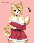  anthro arm_under_breasts bedroom_eyes bell bell_collar belt belt_buckle big_breasts black_belt black_choker black_jewelry black_necklace blonde_hair breasts buckle choker claws cleavage clothed clothing collar color_swatch costume digital_media_(artwork) dress felid feline female fur fur_trim green_eyes hair half-closed_eyes hand_on_own_arm jewelry jingle_bell looking_at_viewer mammal microsoft_paint_(artwork) mihoyo narrowed_eyes necklace nevtelen off_shoulder pink_background ponytail portrait pulchra_fellini pupils red_clothing red_dress santa_costume santa_dress seductive simple_background slit_pupils smile solo tail thiren three-quarter_portrait watermark white_body white_fur wide_hips yellow_body yellow_fur zenless_zone_zero 