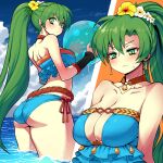  1girl :&lt; ass bangs bikini blue_bikini blush breasts brown_choker choker cleavage cleavage_cutout clothing_cutout cloud collarbone earrings fire_emblem fire_emblem:_the_blazing_blade flower green_eyes green_hair hair_behind_ear hair_flower hair_ornament highres jewelry kara_age large_breasts long_hair lyn_(fire_emblem) multiple_views ocean ponytail sky swimsuit v-shaped_eyebrows very_long_hair white_flower yellow_flower 