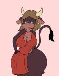  anthro big_breasts blonde_hair bovid bovine breasts cattle clothing crackalacking curvy_figure dress ear_piercing ear_ring female green_eyes hair horn huge_breasts looking_at_viewer mammal nipple_outline piercing solo summer_(jwinkz) thick_thighs voluptuous wide_hips 