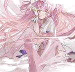  1girl absurdly_long_hair arm_support between_legs blurry choker closed_mouth clothing_cutout collarbone depth_of_field dot_nose elbow_rest eyebrows_visible_through_hair floating_hair full_body gloves hair_ribbon hand_between_legs hand_up happy kaname_madoka knees_up light_blush long_hair looking_at_viewer mahou_shoujo_madoka_magica number on_floor pink_hair pink_legwear pink_theme ramune_(yurikoppe0202) ribbon shiny shiny_hair simple_background sitting smile soles solo straight_hair tareme thighhighs transparent_wings two_side_up ultimate_madoka very_long_hair white_background white_choker white_gloves white_ribbon wide_sleeves wings yellow_eyes zettai_ryouiki 