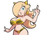  1girl alternate_breast_size_(larger) animal_print bikini blonde_hair blue_eyes breasts cone_horns cosplay cowboy_shot earrings fur_bikini hair_over_one_eye hand_up highres horns index_finger_raised jewelry large_breasts long_hair looking_at_viewer lum lum_(cosplay) mario_(series) print_bikini rosalina scott_falco small_horns smile solo star_(symbol) star_earrings strapless strapless_bikini swimsuit tiger_panties tiger_print yellow_bikini yellow_horns 
