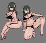  1girl ^_^ absurdres ass bikini black_bikini black_eyes breasts closed_eyes curvy elf feet from_side green_hair grey_background highres huge_breasts mano_(deew123) multiple_views navel open_mouth original pointy_ears ponytail shading simple_background sketch smile swimsuit thick_thighs thighs toes 