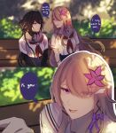  2girls black_hair black_shirt brown_hair commentary english_text fang flower green_eyes green_hair hair_flower hair_ornament herta_(honkai:_star_rail) highres honkai:_star_rail honkai_(series) layered_shirt long_sleeves multicolored_hair multiple_girls neckerchief on_bench open_mouth purple_eyes purple_flower red_neckerchief ruan_mei_(honkai:_star_rail) sailor_collar shirt sitting smile streaked_hair turtleneck turtleneck_shirt two-tone_hair watashi_wo_tabetai_hitodenashi white_sailor_collar white_shirt xilyks yuri 