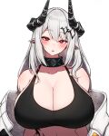  1girl alternate_breast_size_(larger) arknights armpit_crease arms_at_sides bare_arms bare_shoulders black_collar black_horns black_sports_bra blush breasts bright_pupils cleavage clothes_down collar collarbone commentary_request demon_horns diamond_hair_ornament ear_piercing grey_hair hair_between_eyes hair_ornament hairclip head_tilt heavy_breathing highres horns huge_breasts infection_monitor_(arknights) jumpsuit long_hair looking_at_viewer material_growth mudrock_(arknights) open_jumpsuit oripathy_lesion_(arknights) paid_reward_available piercing pointy_ears red_eyes rikuguma simple_background solo sports_bra upper_body white_background white_jumpsuit white_pupils 