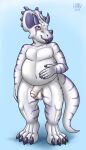 anthro balls belly better_version_at_source ceratopsian claws dinosaur flaccid foreskin genitals hi_res hirurux horn male nude ornithischian penis reptile scalie slightly_chubby solo triceratops white_body yellow_eyes 