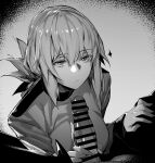  1boy 1girl absurdres bangs breasts erection fate/grand_order fate_(series) florence_nightingale_(fate) folded_ponytail fujimaru_ritsuka_(male) gloves greyscale hetero highres hxd large_breasts long_hair long_sleeves military_jacket monochrome penis 