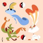 abstract closed_eyes closed_mouth fins gen_8_pokemon grookey highres leaf looking_at_another lorenzocolangeli open_mouth poke_ball pokemon pokemon_(creature) scorbunny signature simple_background sobble standing swimming tail teeth 