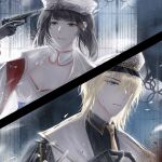  1boy 1girl aiguillette alkaid_mcgrath alkaid_mcgrath_(infinite_empire) black_cape black_gloves black_hair blonde_hair blood blood_on_face blood_splatter breasts cape chinese_commentary cleavage collared_shirt commentary contrast_lapels detached_collar dress finger_on_trigger frown gloves green_eyes gun gun_to_head hair_between_eyes handgun hat heroine_(lovebrush_chronicles) holding holding_gun holding_weapon imminent_suicide implied_suicide jacket lapels light_particles long_hair looking_ahead looking_at_another lovebrush_chronicles low-tied_long_hair medium_hair military_hat military_uniform necktie parted_lips peaked_cap purple_eyes shirt smile split_screen weapon white_cape white_dress white_jacket window wo_shi_baitao_zong yellow_necktie 